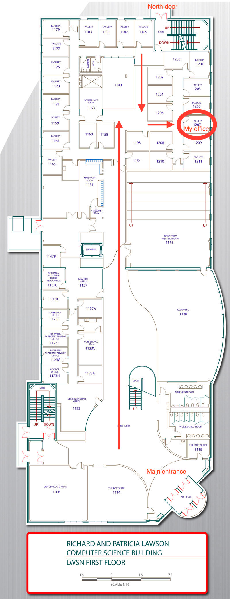 Annotated map showing the route to David Gleich's office, LWSN 1207, inside the Lawson Computer Science Building